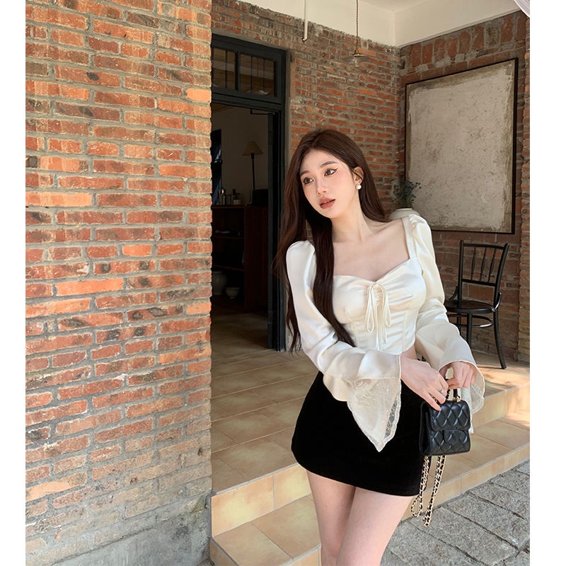 Red French satin shirt female design sense niche shirt spring short square collar fishbone waist temperamen atasan lengan panjang