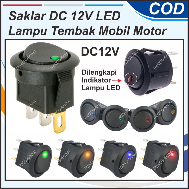 SAKLAR DC 12V 12 VOLT SWITCH ON OFF ON HITAM  BULAT 2 PIN TANAM DILENGKAPI LAMPU INDIKATOR LED MOBIL
