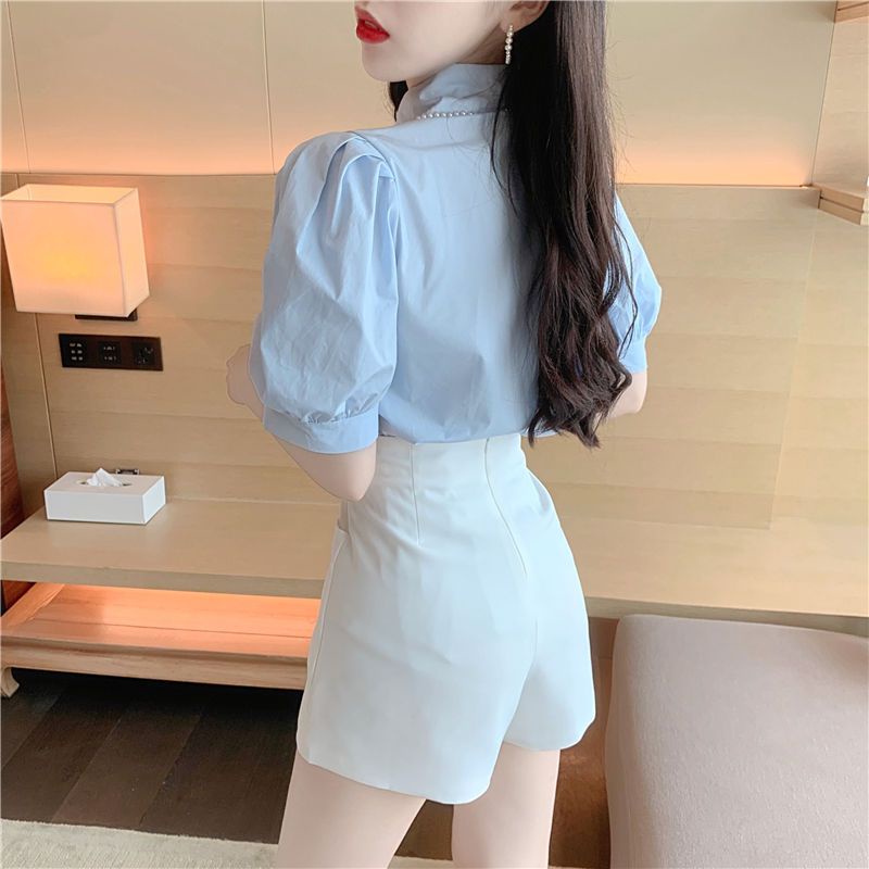 Puff Sleeve Kemeja Lengan Pendek Wanita Musim Panas Baru Atasan Prancis