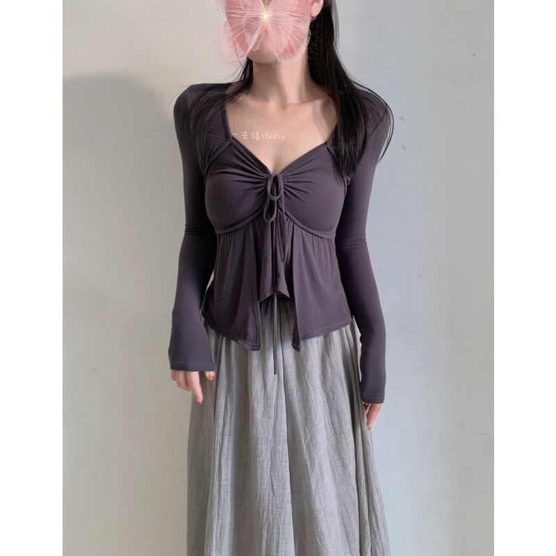Red Outlet ~ Merek Yu Dan Xianqi Pure Desire Serut Lipit Dada Longgar Tidak Teratur Lengan Panjang T-shirt Bawah Kemeja
