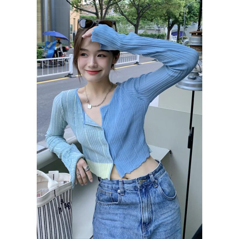 Red Design sense of pure desire style long-sleeve tight knitwear female spring hot girl blue short cardigan chic top niche