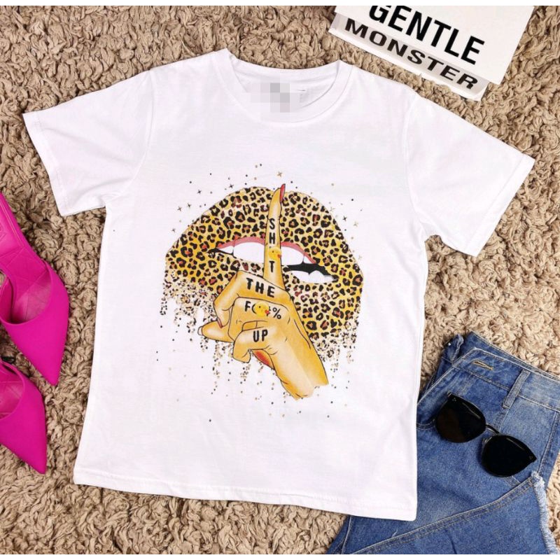 Atasan wanita kaos lengan pendek  Leopard Lips