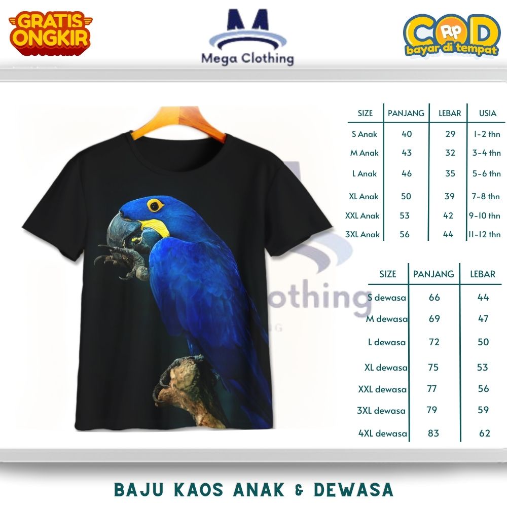 Kaos Hewan / Binatang Burung Makaw Hyacinth (Hyacinth Macaw) Spesies Bayan Anak & Dewasa - Baju Coup