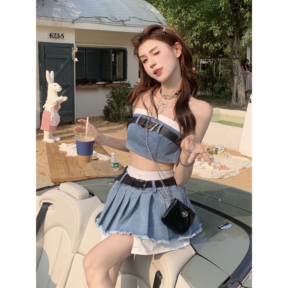 Set rompi bustier baru + rok lipit pinggang tinggi denim set dua potong kecil