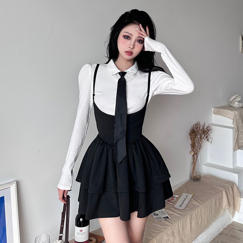 Red Rapcopter American-style lipit suspender dress + button tie shirt female waist slim desire cake skirt