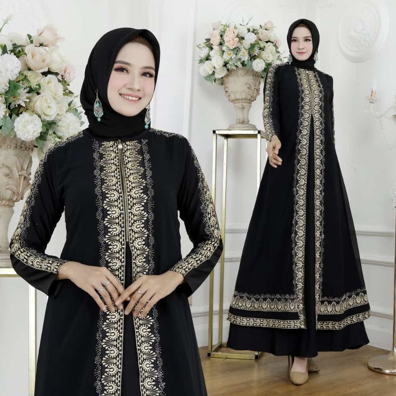 Abaya terbaru my muslimah gamis dubai madinah bahira jetblack super mix ceruty tabur swarovski