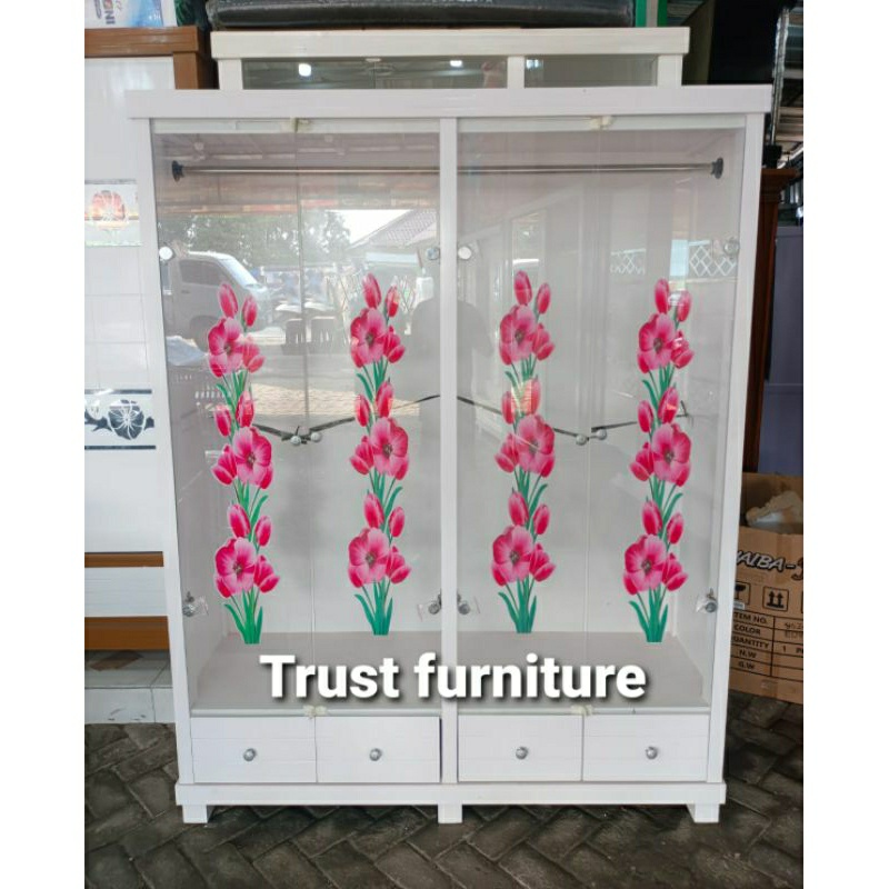 LEMARI PAJANGAN GAMIS JUMBO 4 PINTU FULL KACA/LEMARI PAKAIAN GAMIS BAHAN KAYU KACA STIKER/BESTSELLER