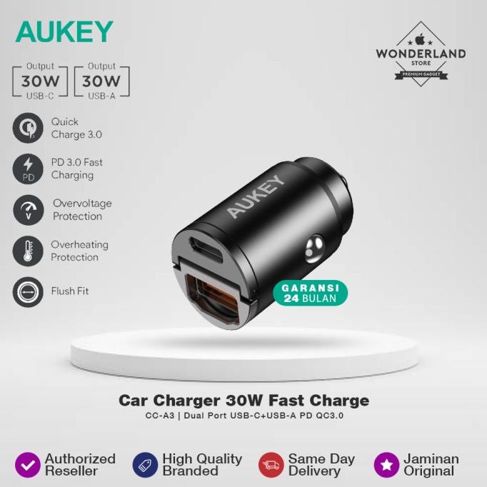 Aukey Car Charger 30W Fast Charge Dual Port USB-C+USB-A PD QC3.0 CC-A3