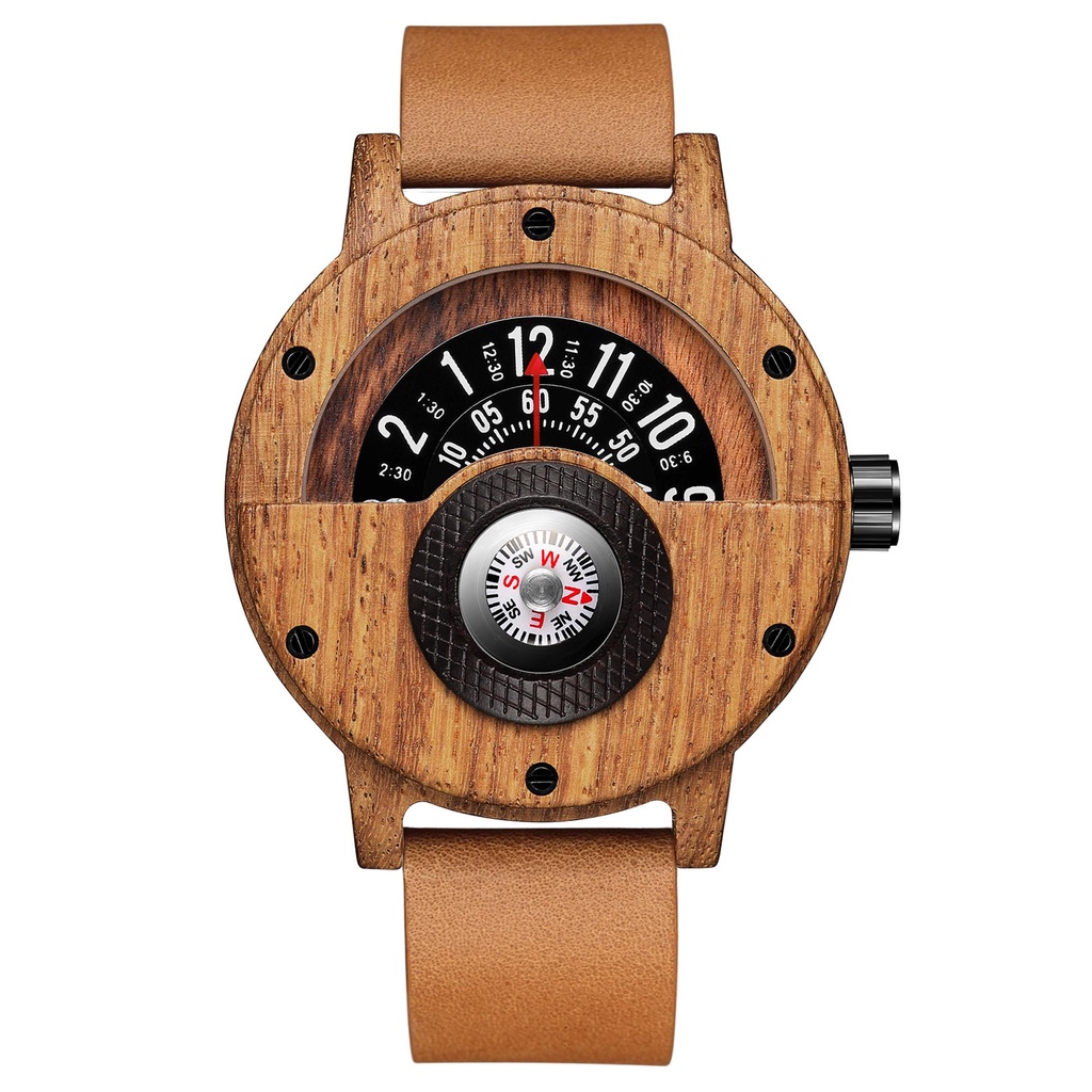 Jam Tangan Setengah Lingkaran Pria, Arloji Kayu Kreatif Kompas Unik Meja Putar, Jam Quartz Retro