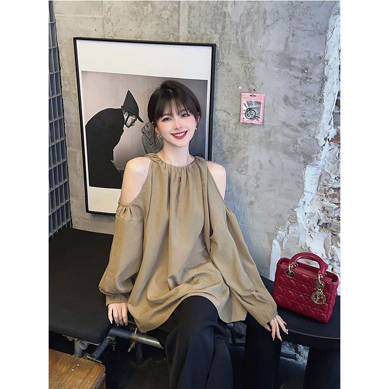 Red Ou Nixue Prancis Asli Temperamen Khaki Off-The-Shoulder Lengan Panjang Kemeja Wanita Memotong Bahu Desain kemeja Gaya Asing Atasan Kemeja