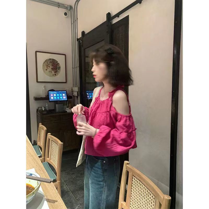 Red Pendek Puff Lengan Tanpa Tali Kemeja Wanita 2023 Musim Panas Baru Rasa Desain Niche Renda Usia Mengurangi In Top Wanita