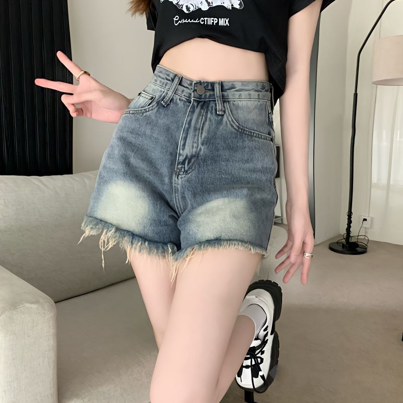 Red Raw Edge Jeans Wanita Musim Semi 2023 Baru Gaya Amerika Retro Gadis Panas Longgar Lurus Celana Pendek Hot Pants Celana