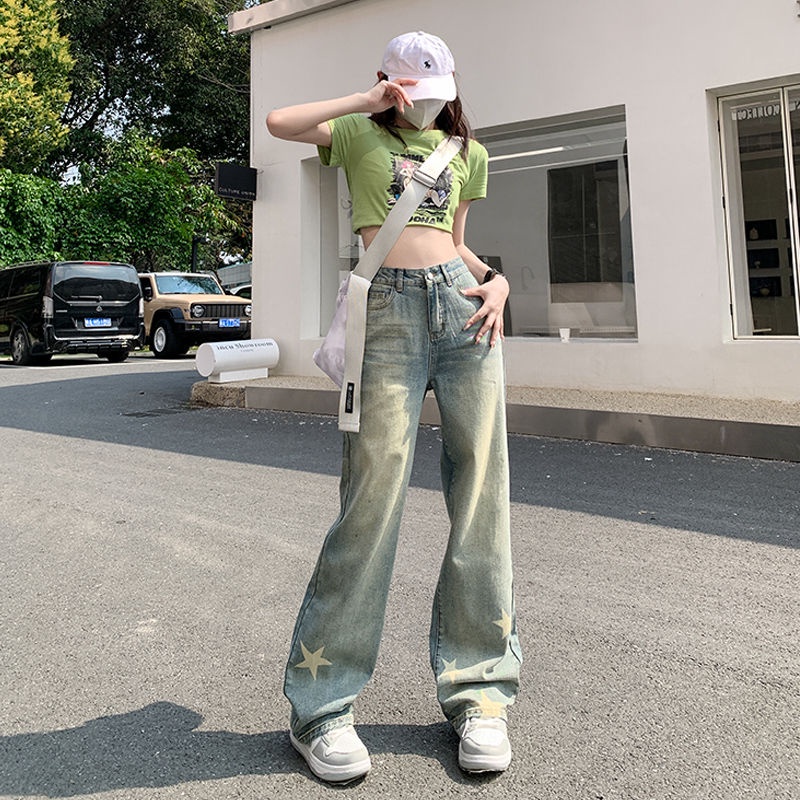 Red American Retro Kuning Lumpur Dicelup Bintang Lebar Kaki Celana Jeans Wanita Rasa Desain Longgar Tabung Lurus Pinggang Tinggi Pelangsing dan menyeret Lantai