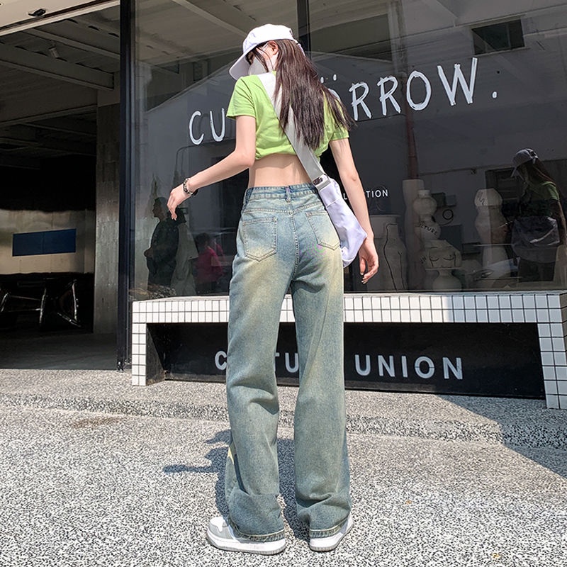 Red American Retro Kuning Lumpur Dicelup Bintang Lebar Kaki Celana Jeans Wanita Rasa Desain Longgar Tabung Lurus Pinggang Tinggi Pelangsing dan menyeret Lantai