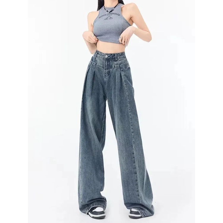 Red American retro high-waisted wide-leg jeans wanita musim semi dan musim panas longgar tabung lurus tipis berbentuk buah pir sosok malas mengepel lantai