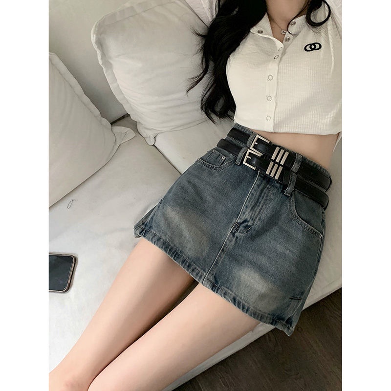 Red Spice girl rok denim retro wanita musim semi dan musim panas double belt setengah rok pinggang tinggi ramping tas rok pendek kecil rok pinggul