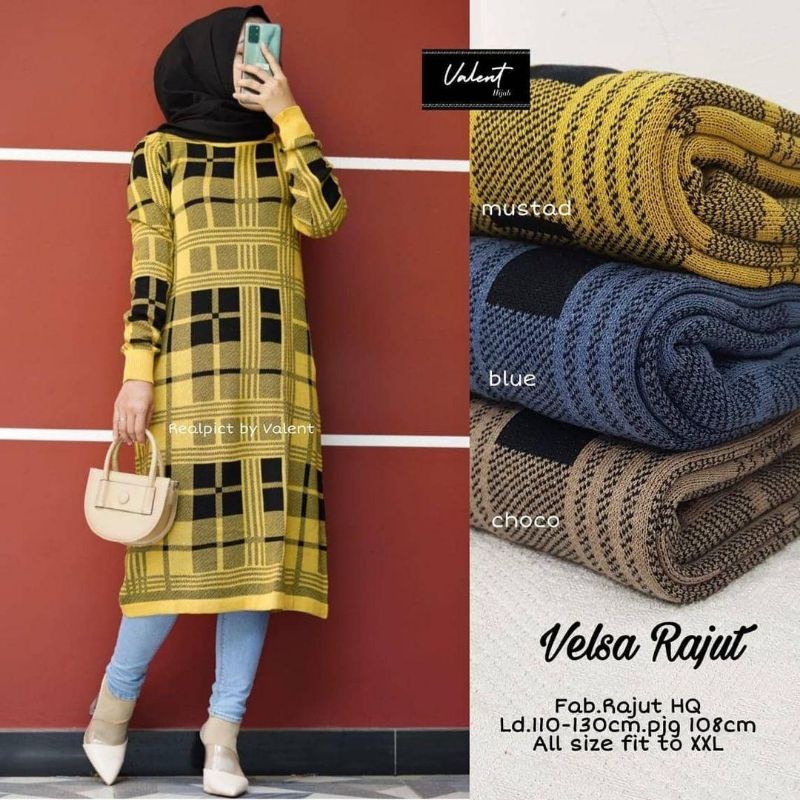 Velsa Rajut mustard blue choco long tunik cewek panjangan premium fit to XXXl  LD110 130 motif kotak