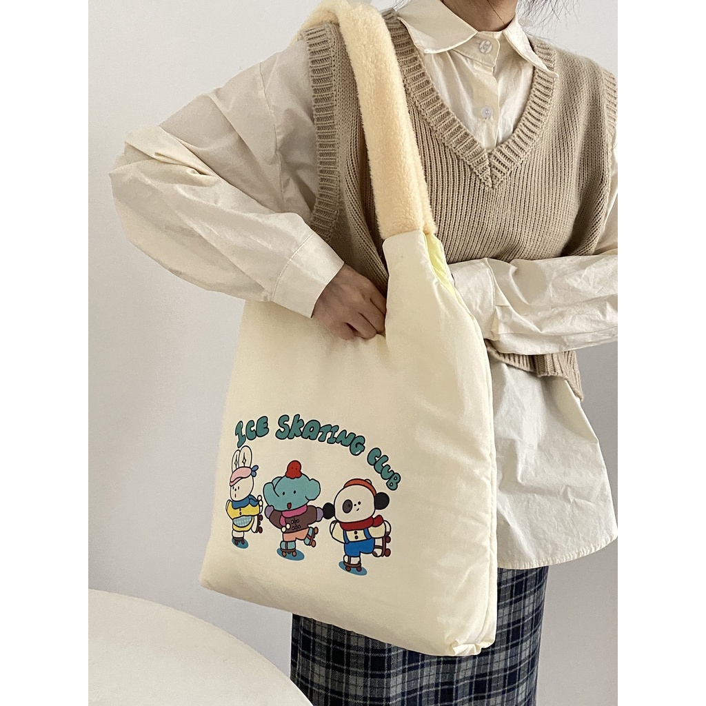 ✟┋Sera  Tas gula Tang / ilustrasi retro cetak dua sisi belakang tas bahu berkapasitas besar all-match tas sekolah siswa tote bag