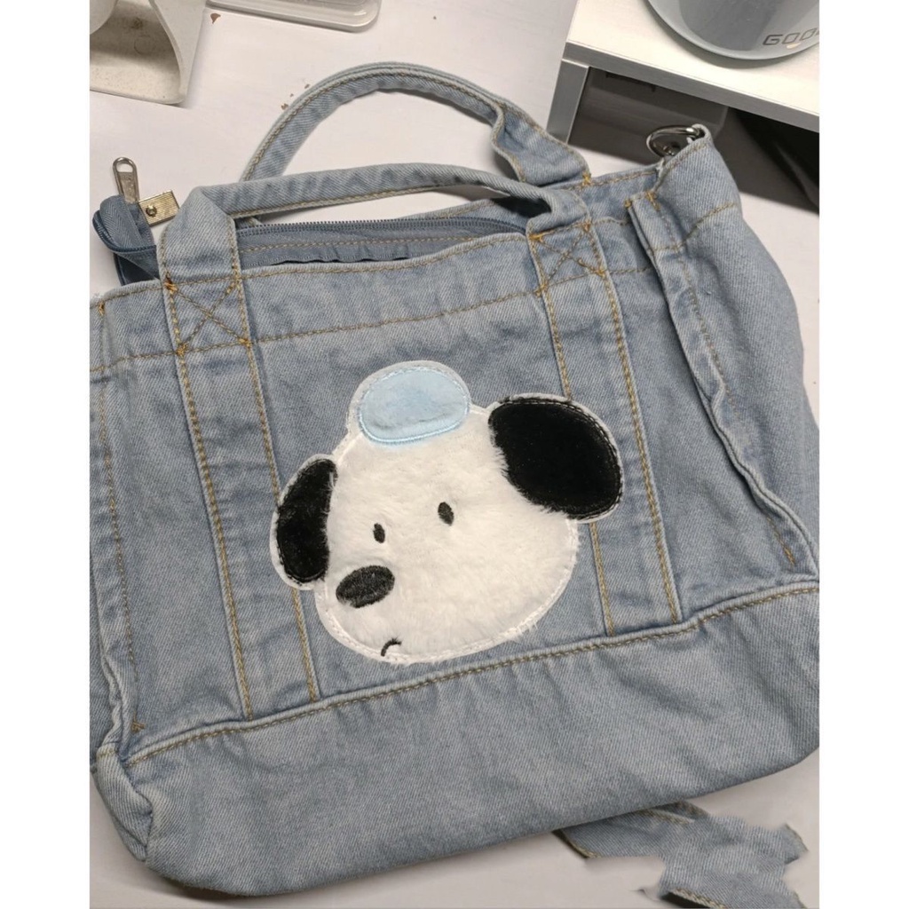 ∈№Sera  Niche Design Cute Puppy Plush Canvas Bag Denim Shoulder Bag Campus Style Oxford Cloth Casual Bag