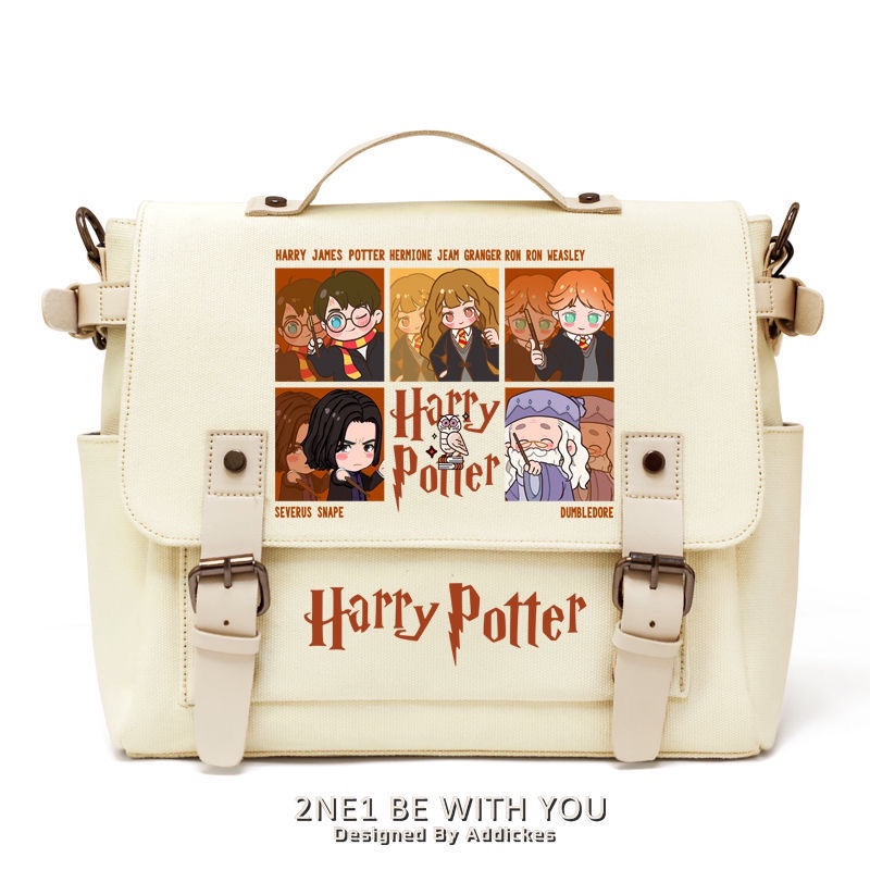 ❧Sera  Harry Potter co-branded sekitarnya sekolah sihir lucu kartun siswa kanvas tas bahu portabel tas Messenger