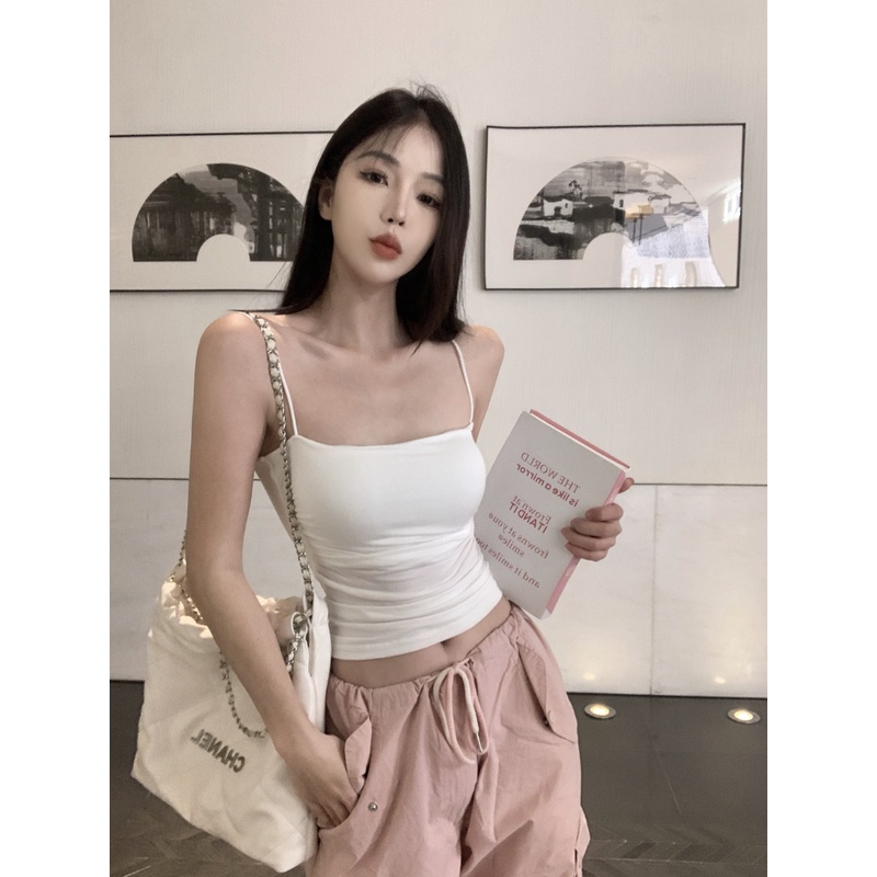 ✖๑๑Suhao slim fit white sling with chest pad for women to wear outer and inside with sexy hot girl vest summer pure short sleeveless top crop top sexy tank top wanita motif