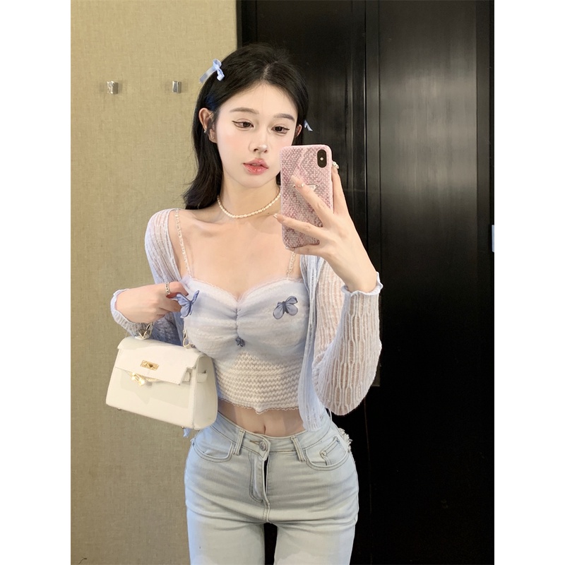 Sweet Spice Girl Kupu-kupu Kecil Kamisol Wanita Musim Panas Memakai Dopamin dengan Jaring Murni Kasa Atasan Pendek Pakaian Luar #COD
