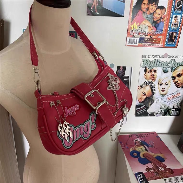 Red Sunshine Want Original Y2K Manis dan Keren Rantai Tas Wanita Niche Millenial Hot Girl Cross-Body Portabel Ketiak Merah Muda Manis dan Pedas Tas