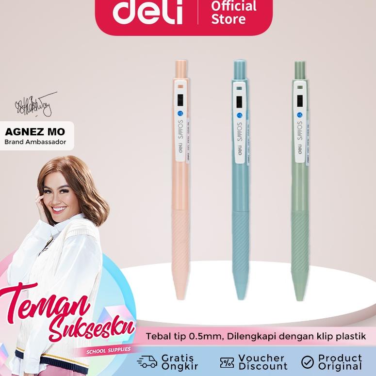 

6.6 BRANDS FESTIVAL Deli Retracable Gel Pen / Pulpen Gel Cetak 0.5 mm Tinta Hitam Biru Body Pastel EG58