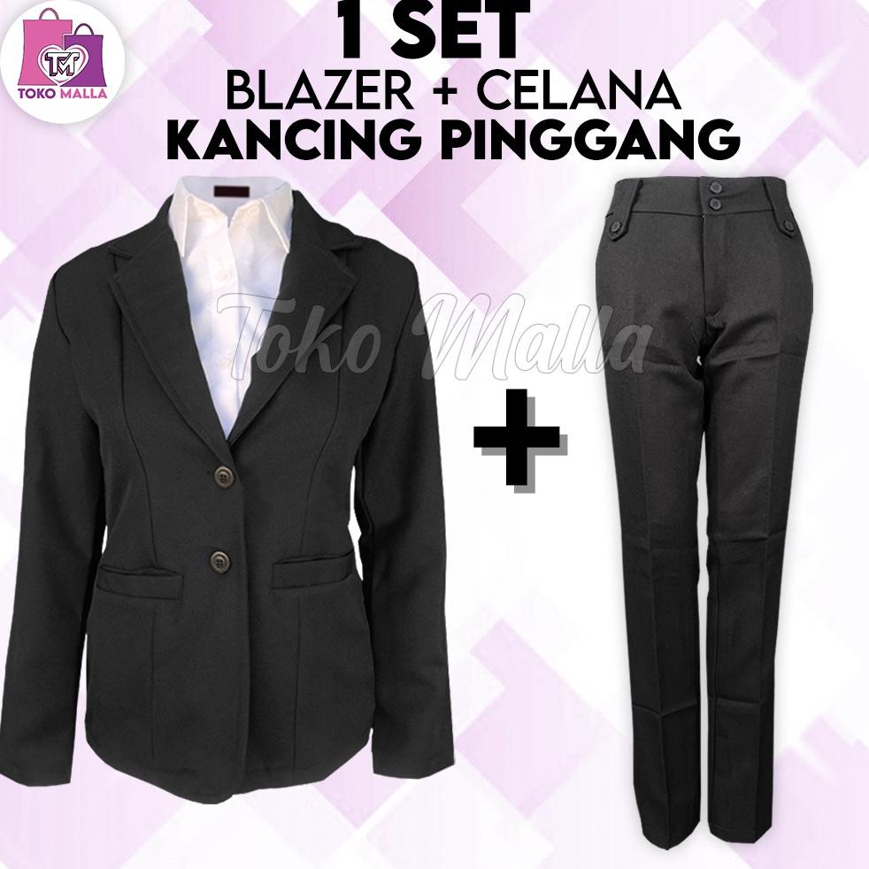 Setelan Blazer Set Wanita,1 Set Blazer & Celana Formal Kancing Pinggang, Blezer Hitam, One Set Wanit