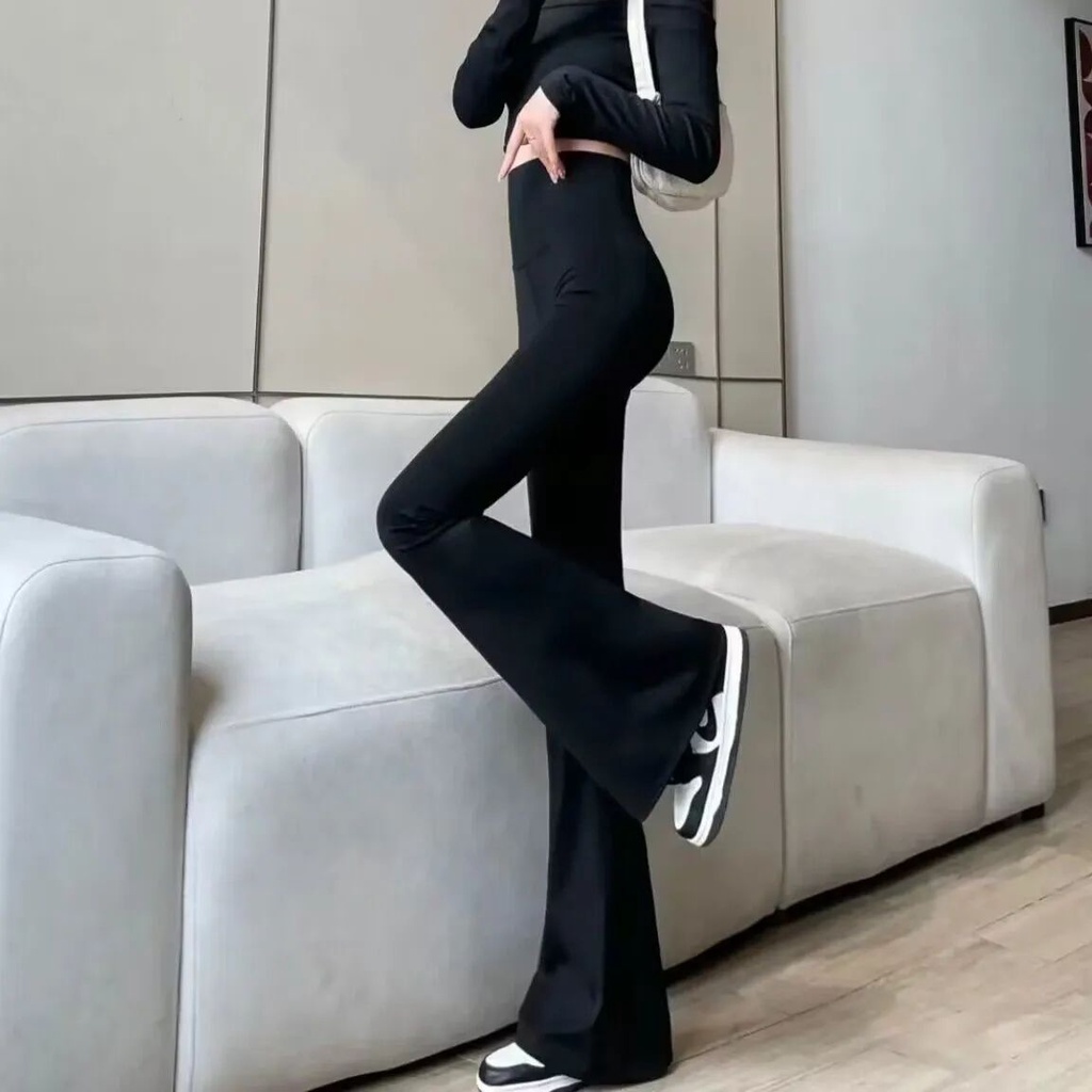 Red Celana berkobar bermutu tinggi celana barbie tipis berpinggang tinggi musim semi, musim gugur dan musim dingin plus celana beludru slim-fit fashion yoga celana pel kaki lebar