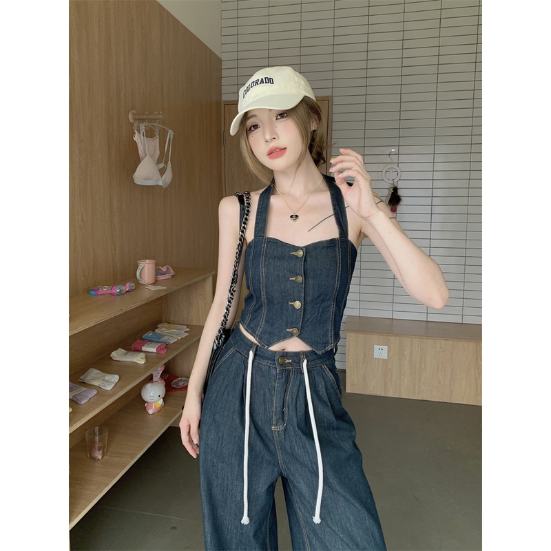 American retro denim suit kamisol pengurang usia wanita musim panas baru longgar celana lebar kaki celana dua potong set