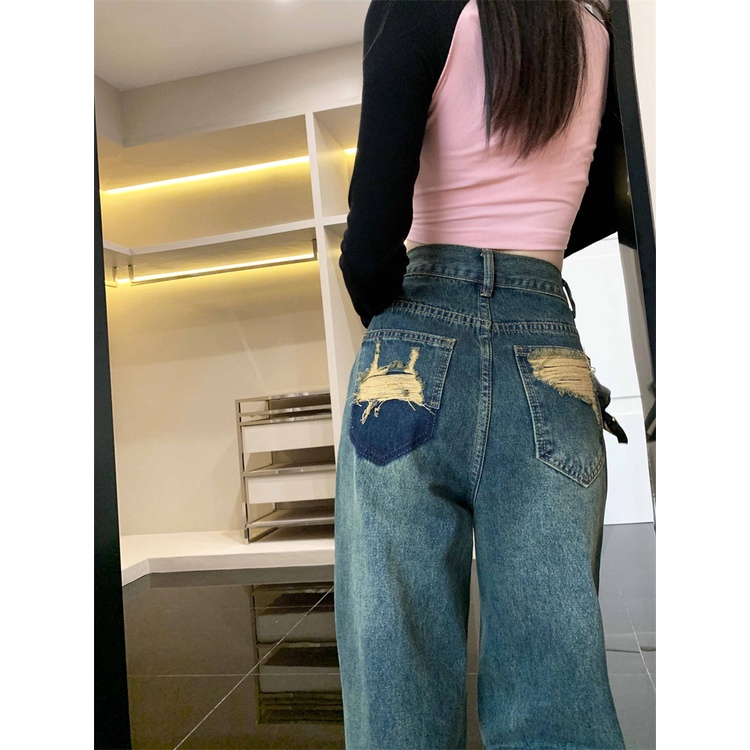 Gaya Hong Kong robek retro jeans wanita desain musim panas merasa ceruk longgar kecil tinggi pinggang celana lebar kaki celana