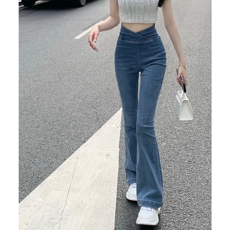 Gaya Hong Kong Retro Jeans Wanita Musim Panas Pinggang Tinggi Diri Budidaya Slim Mikro Berkobar Celana Bagian Tipis Mengepel Berkobar Horseshoe celana