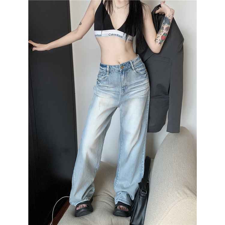 Celana Jeans Wanita Warna Muda Retro Musim Panas 2023 Baru Tinggi Pinggang Lurus Mengepel Celana Longgar Lebar Kaki Celana Panjang