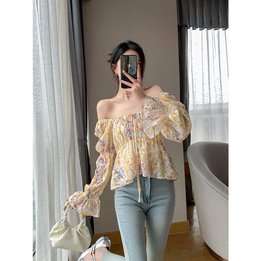 Suhao2023Atasan Baju Sifon Motif Bunga, Baju Atasan Sifon Motif Bunga, Baju Kerut Lengan Puff Off-Ne