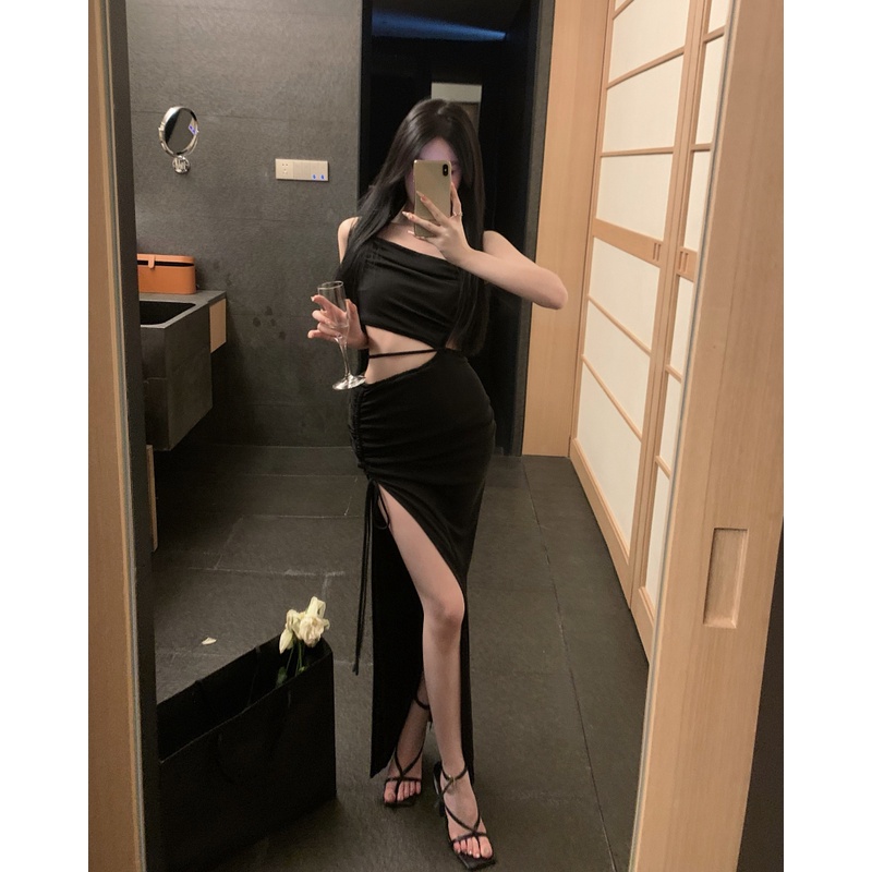 ∋◈French Spice Girls Suspender Dress Rok Musim Panas Wanita Belah Berongga Irregular Tanpa Lengan High-end Gaun Panjang Menengah