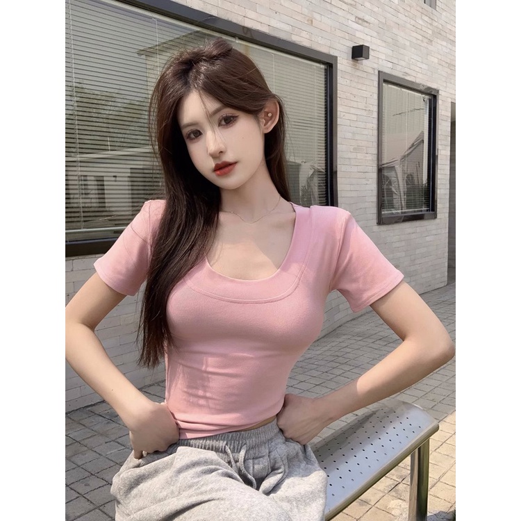 ☌#COD Suhao pink manis hot gadis bahu depan lengan pendek T-shirt wanita musim panas keinginan murni angin u-neck seksi ketat slim top pendek