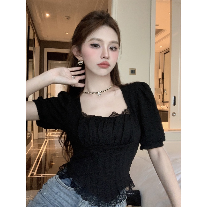 ✸۩❒#COD Suhao Temperamen Irregular Lace Stitching Chiffon Shirt Wanita Musim Panas Putih Puff Sleeve Lipat Square Neck Slim Short Top