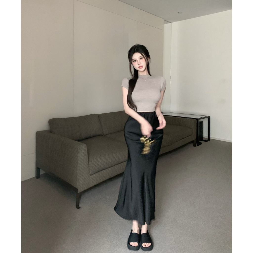 ☁ஐ▽#COD Suhao Pure Desire Wind Suit Lengan Pendek T-shirt Pendek Atasan Rok Musim Panas Wanita High Waist Sexy Bag Hip Skirt Two-Piece Set