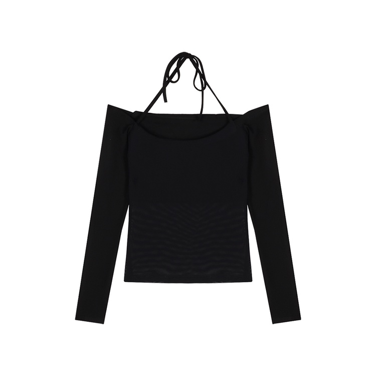 ◙☸#COD Suhao T-shirt lengan panjang satu bahu hitam wanita musim panas hot girl keinginan murni seksi jahitan jala tali halter leher pendek top