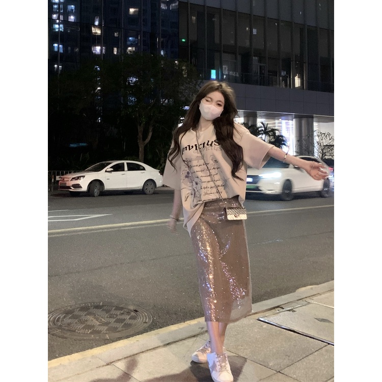 ▪♙♠#COD Suhao Korea huruf cetak T-shirt lengan pendek wanita musim panas rasa desain ceruk longgar kasual mid-panjang chic top