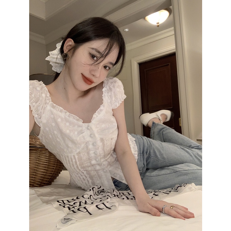 ℗△✠#COD Suhao manis hot gadis renda renda lengan pendek T-shirt wanita musim panas keinginan murni angin tulang selangka one-shoulder seksi slim-fit top