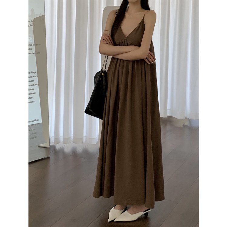 ▽Sweet Spice Girls V-Leher Sling Gaun Wanita Musim Panas 2023 Baru Tanpa Lengan Rok Canggih Rasa Longgar Panjang Rok