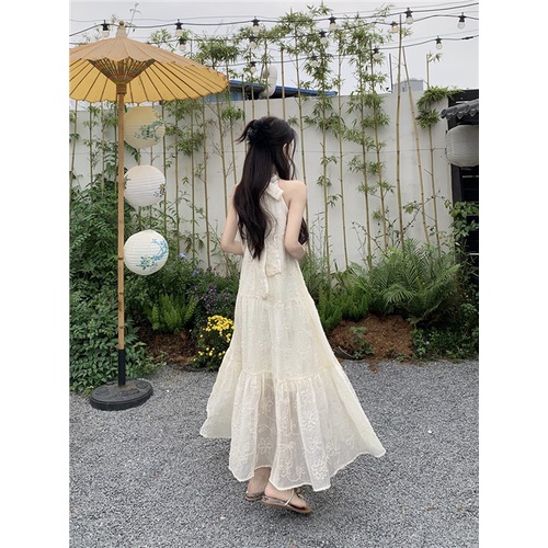 ¤✽#COD Suhao Perancis romantis high-end halter leher gaun perempuan musim panas putih pinggang chiffon rok panjang angin liburan pantai rok