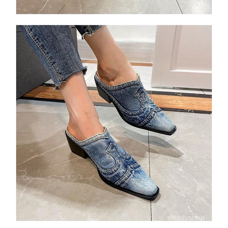 [✅BISA COD] #Sisjuly# Sandal wanita / sepatu kain denim bertumit tinggi ujung persegi kecil baru / s