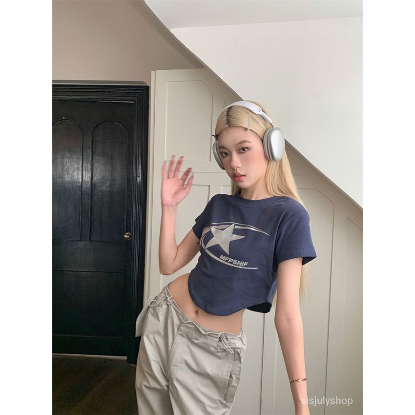 [✅BISA COD] #Sisjuly# Atasan Y2K wanita / kaos lengan pendek berpinggang tinggi yang dicetak wanita