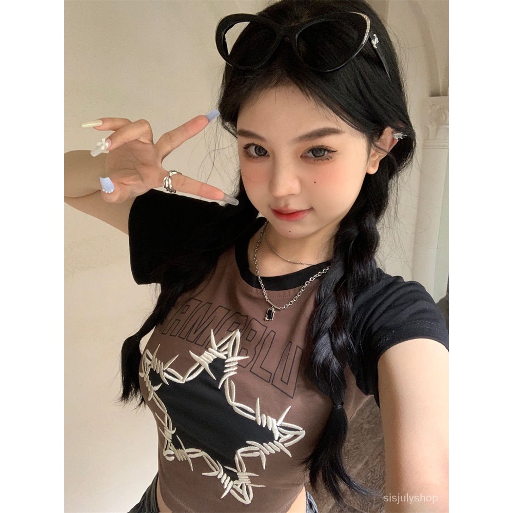 [✅BISA COD] #Sisjuly# Atasan Y2K wanita / bintang bentrokan vintage Amerika bersulam kaos lengan pen