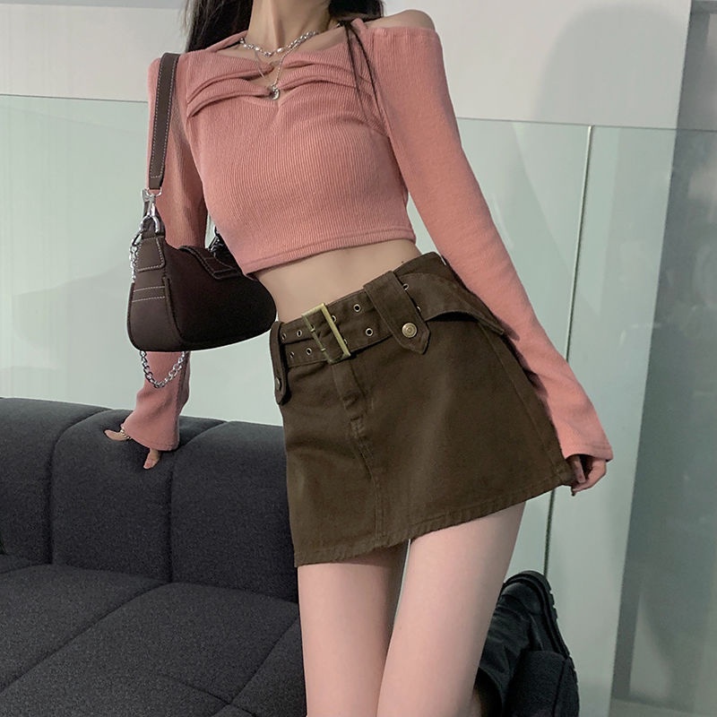 Red Hot girl a-line denim skirt women s summer new pink bag hip skirt anti-light skirt high waist slimming short skirt