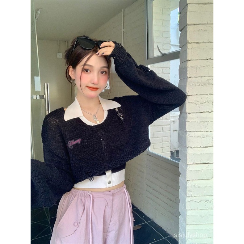 [✅BISA COD] #Sisjuly# Sweater rajutan rajutan lengan panjang berlubang merah muda berongga / pullove