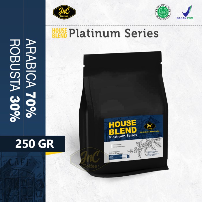 

BISA COD JnC House Blend Platinum 70% Biji Kopi Arabica 30% Robusta 250 Gr /KOPI EUBE/KOPI KAPAL